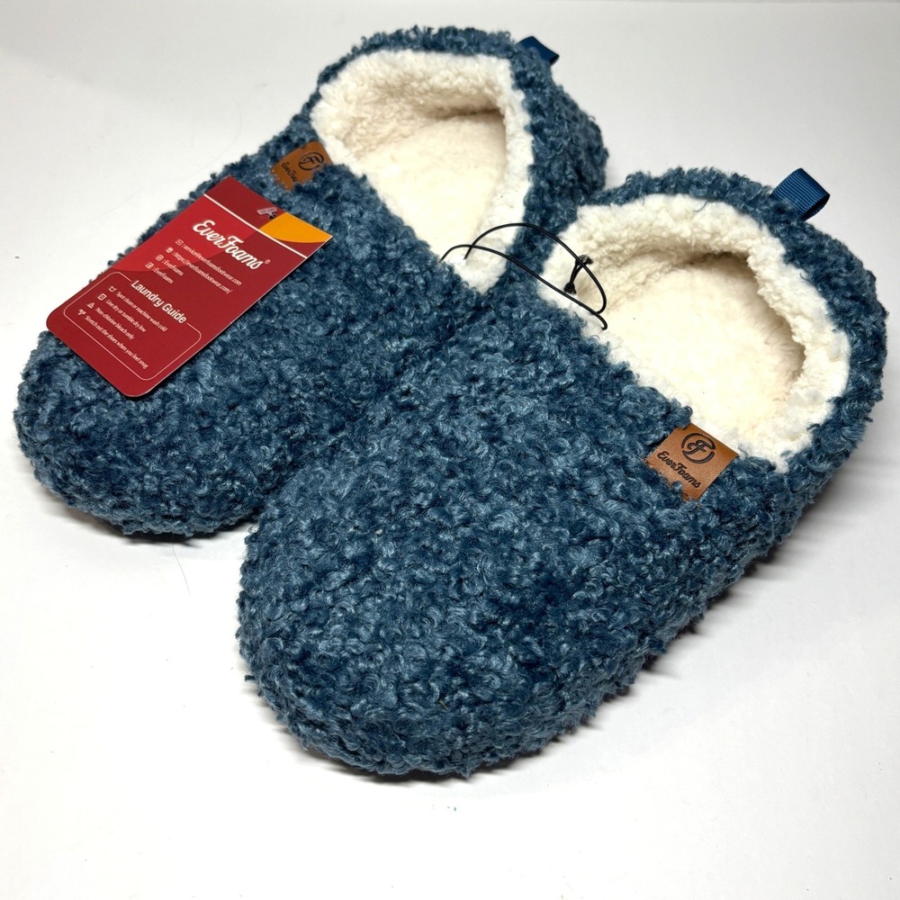 EverFoams Sherpa Slippers Womens 8.5 Blue New Fuzzy Memory Foam House‎ Shoes